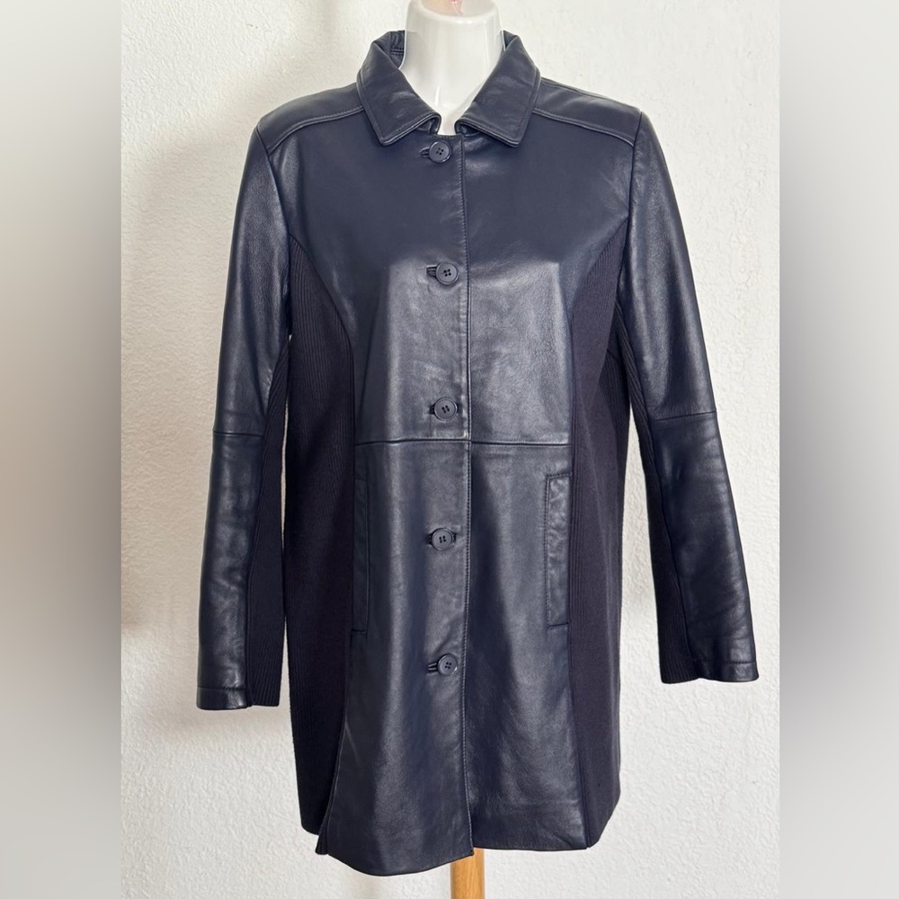 Linea by Louis Dell'Olio Navy Blue Lamb Leather Jacket with side knit panels.